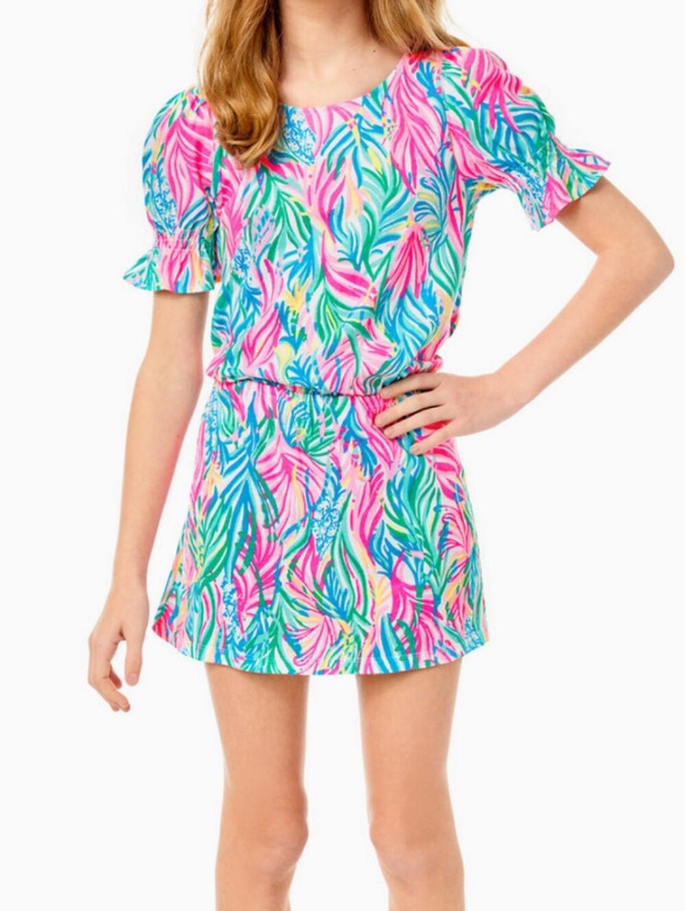 Lilly Pulitzer Sea Turtle Soiree Romper Skort With Puff Sleeve Size Girls Large